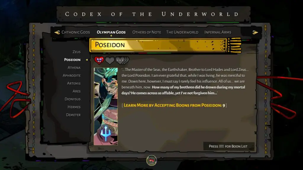 Poseidon's Codex page in Hades